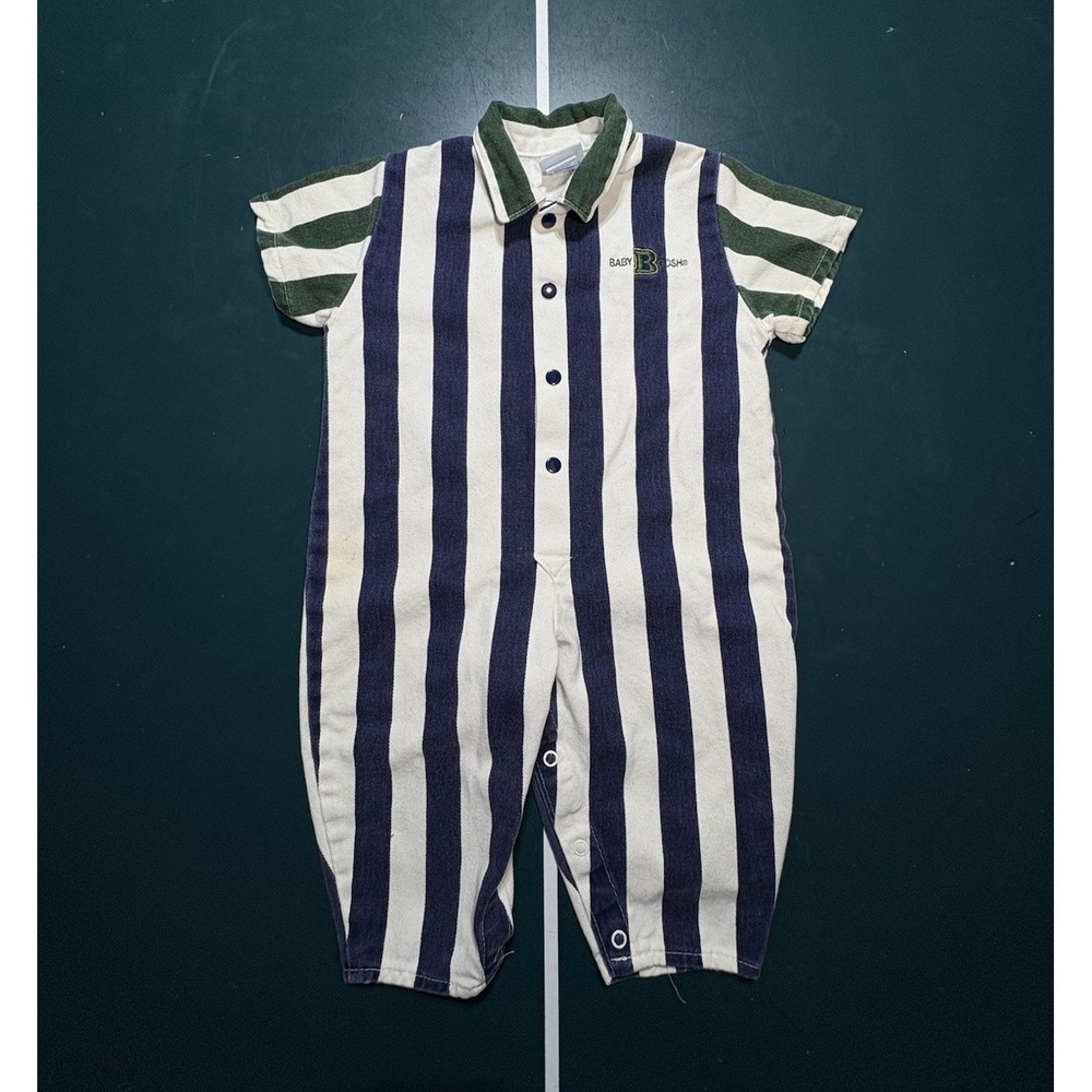Vintage OshKosh B'gosh Baby Romper Size 18 Months Striped Blue White Denim Rare